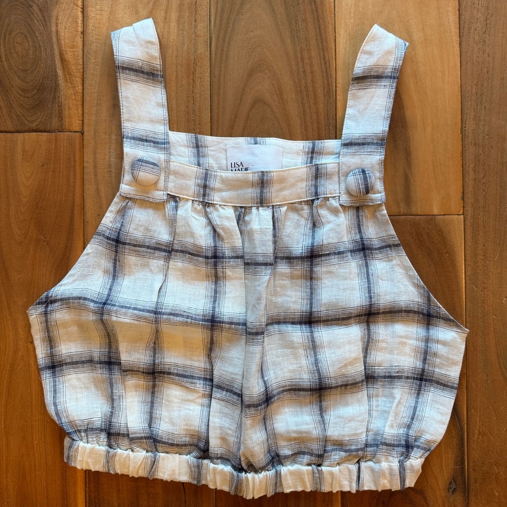 Lisa Marie Fernandez Blouson checked cropped top Tank 100%linen XS